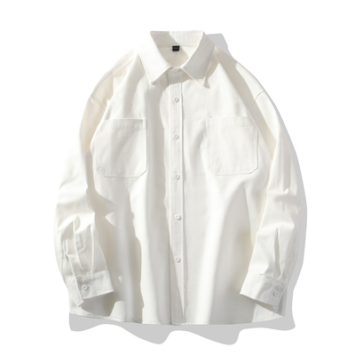 日系复古工装280gn纯棉长袖衬衫春季翻领纯色宽松休闲百搭衬衣外