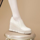 新款 粗跟坡跟t女鞋 真皮厚底时尚 9cm春秋季 透气内增高一脚蹬女单鞋