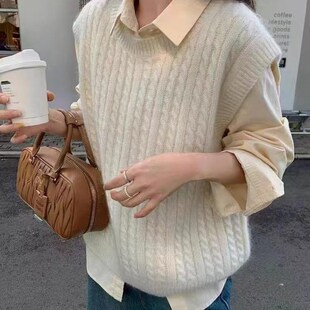 2024秋冬新款羊毛背心女圆领无袖针织马甲宽松绞花羊绒毛衣坎肩