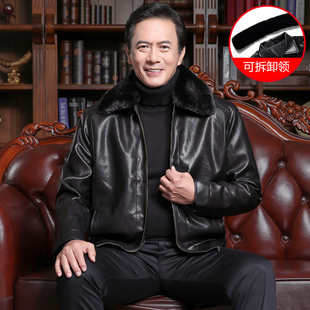 秋冬新款中年男士皮衣中老年人男装皮夹I克加绒加厚爸爸冬装皮外
