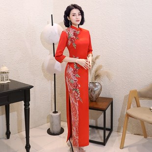 中国风旗 新W款 高端刺绣长款 旗袍优雅女红色走秀演出绣花2020春季