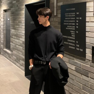 秋冬高级感半高领毛衣男韩版宽松休闲纯色中O领针织打底衫长袖内