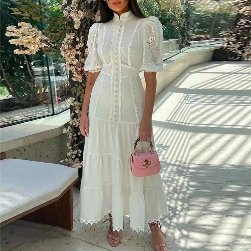 新款法式气质立领单排扣收腰显瘦连衣裙女装20P24夏季优雅百搭长