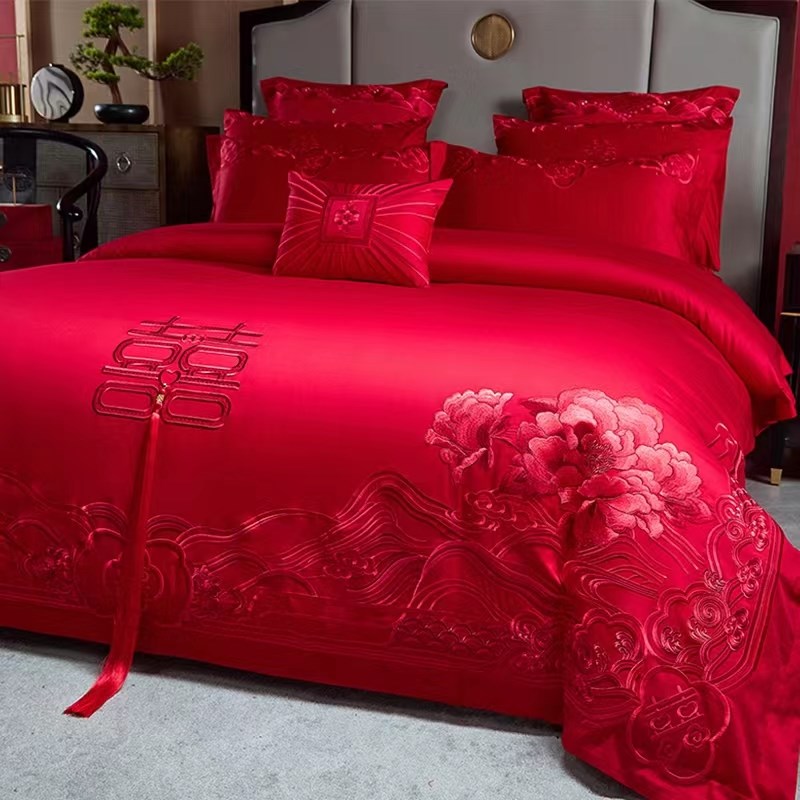 中式喜庆婚庆全棉四件套结婚高档B婚床刺绣被套大红色纯棉床单床