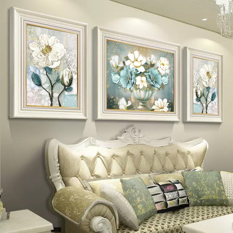 网红欧式客厅装饰画简欧田园风花卉壁画现代简约沙发背景墙三联挂
