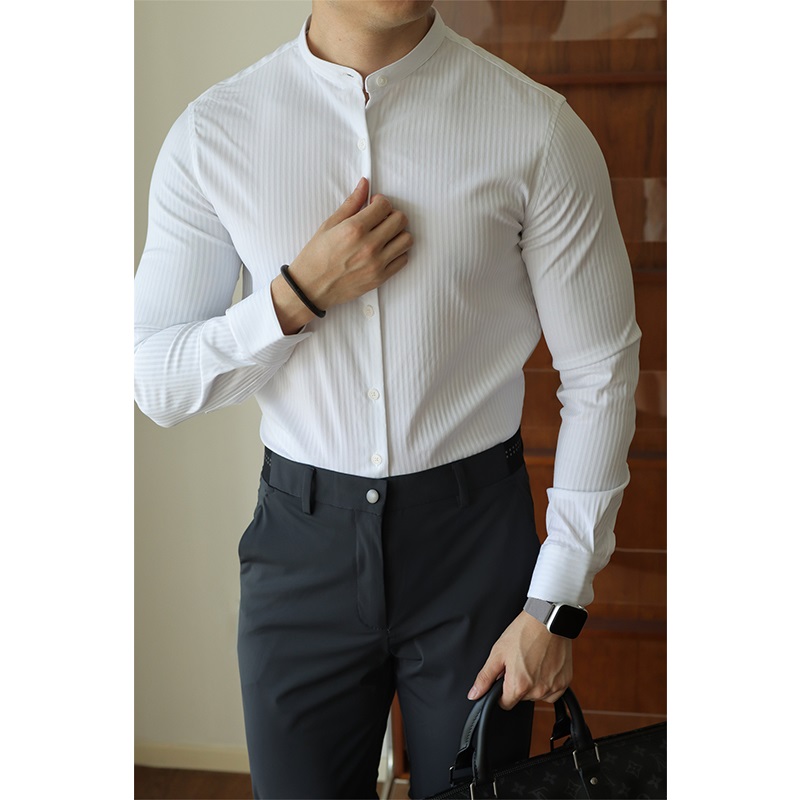 肌理暗条纹立领衬衫春秋男士长袖白色高级感免熨烫无领文艺圆领衬