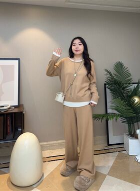 肉卷家微胖大码女装简约老钱风休闲撞色舒适胖mmT针织上衣裤子套