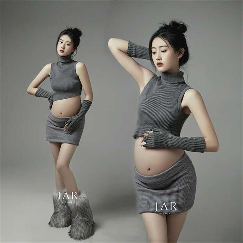 孕妈拍照影楼新款灰色针织套装温A柔风孕妇照服装大肚艺术摄影写