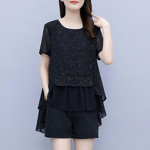 大码女装时尚休闲套装女2024夏季新款胖MMO雪纺上衣短袖短裤两件