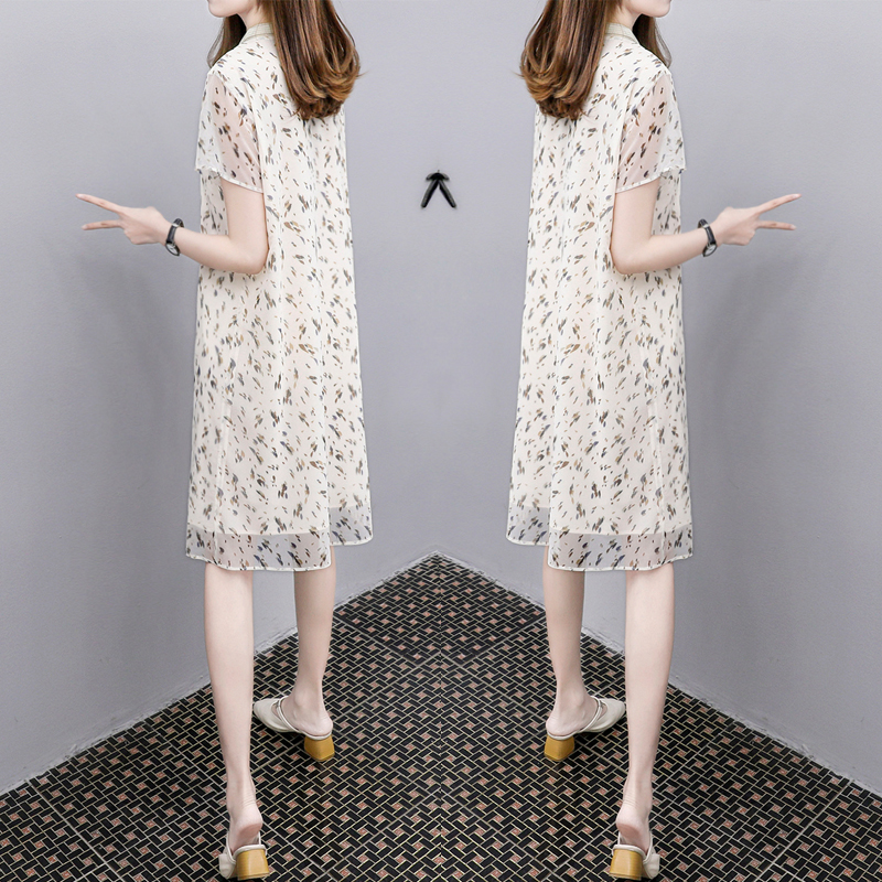 2021b夏季新款V领大码时尚女装中长款宽松显瘦雪纺网纱连衣裙女潮