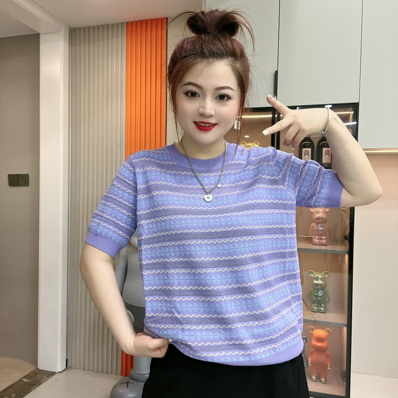 胖mm2024夏装新款大码女装优雅E镂空蕾丝花边圆领宽松T恤针织衫