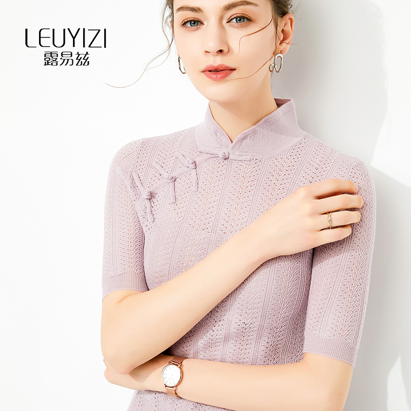 中式复古2024春n装新款盘扣中国风针织衫女镂空钩花半袖羊毛衫中