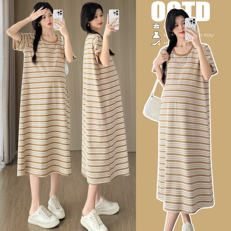 孕妇装夏装时尚韩版短袖条纹连x衣裙2025新款孕妇裙夏季怀孕裙子
