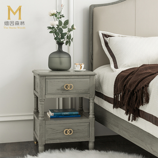 床头柜高级感轻奢灰色床头小柜灰全实木美式床边柜.新款小柜子