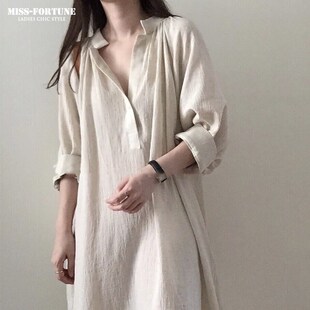 春装 过膝棉麻连衣T裙韩版 衬衫 宽松长款 潮妈连衣 裙2020新款 孕妇装