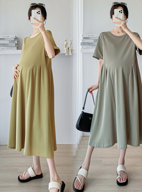 孕妇连衣裙夏装2023新款韩版宽松通勤H孕妇装圆领A字裙夏天裙子女