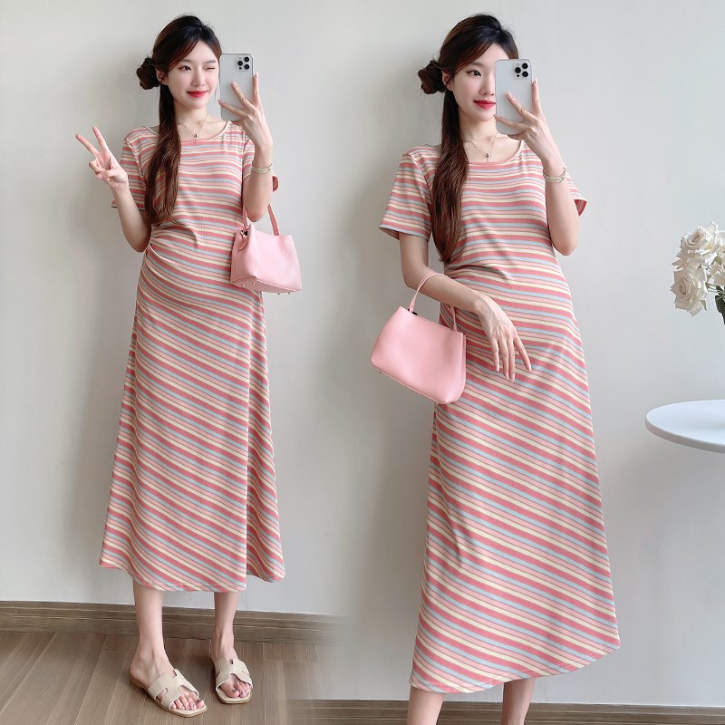 孕妇装夏装彩色条纹短袖连衣裙时尚温柔风怀孕裙子U夏季洋气孕妇