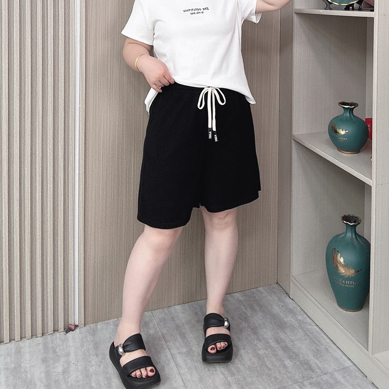 夏装新款阔腿短裤女大n码胖mm松紧高腰抽绳宽松显瘦休闲a字五分裤