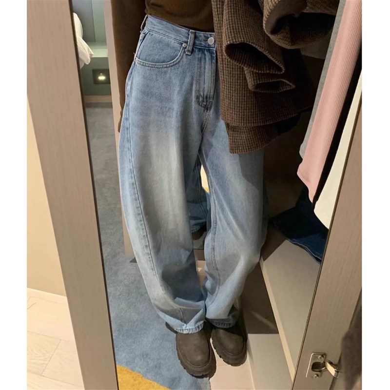 秒发!高腰牛仔裤女2024年秋韩国系扣磨白水洗Q廓形阔腿长裤镰刀裤