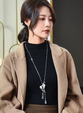 韩国小清新毛衣链秋冬长款项链花朵水晶吊坠女装配饰挂件饰品