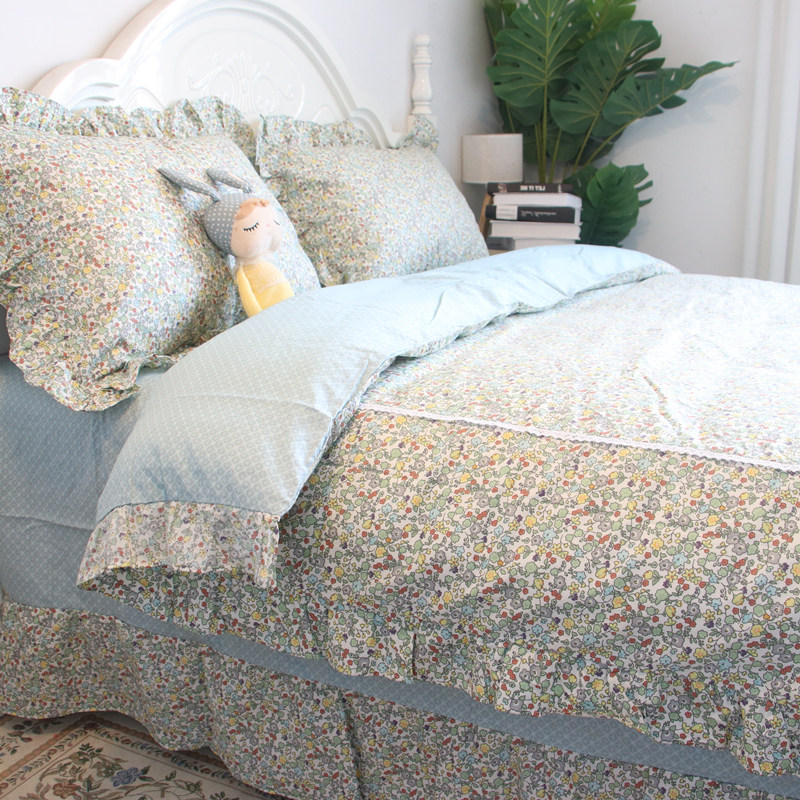 韩版小碎花小清新荷叶边s被套四件套纯棉全棉床单床裙款床上用品