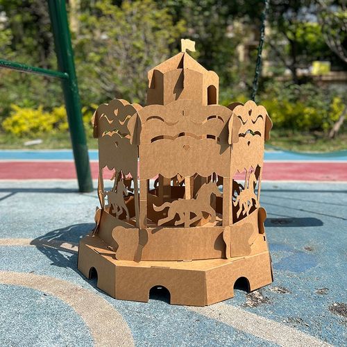 旋转木马纸板拼装涂色幼儿园手工作业纸箱纸皮儿童DIY创意玩具