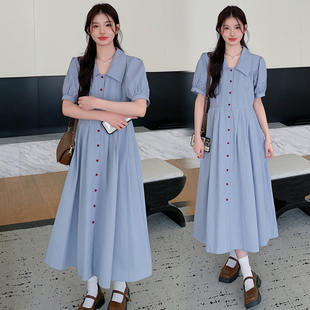 孕妇夏装连衣裙长款过膝r衬衫裙新款上班孕妇装翻领衬衣怀孕期裙