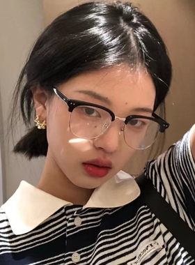 日系半框铆钉复古黑框方形圆x脸显瘦平光眼镜女文艺近视框架小脸