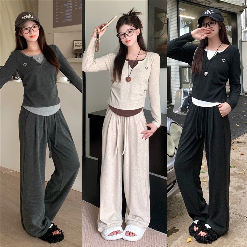 大码运动套装女秋长袖正肩假两件上衣休J闲宽松直筒阔腿裤子两件