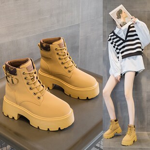 黄色马丁靴女秋季内增高女鞋9cm真皮短靴英伦风皮鞋系带大黄靴子