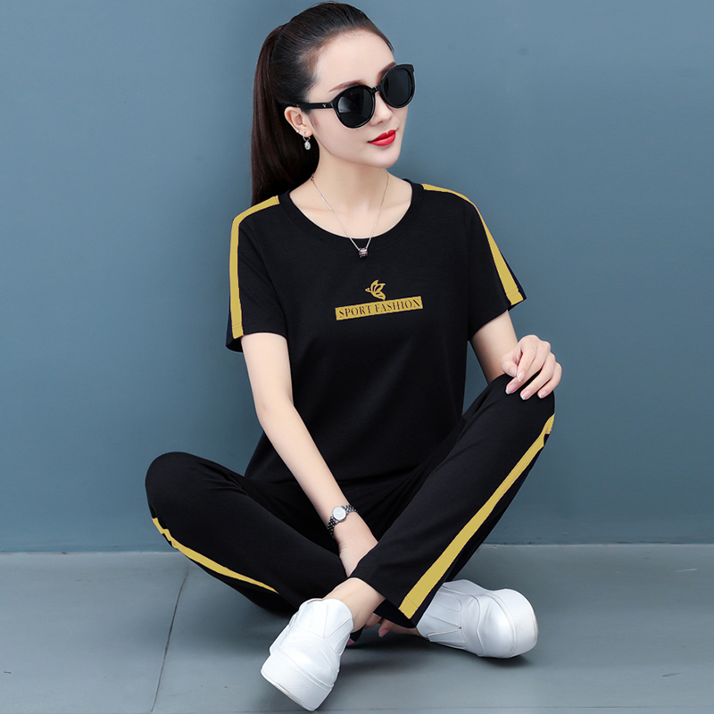 纯棉短袖运动套装女洋气休闲服两件套2F021年夏季夏装新款时尚妈