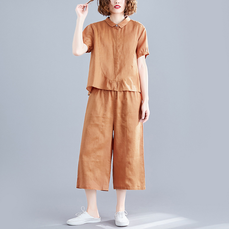 亚麻衬衣套装女夏k2020新款宽松大码短袖上衣显瘦文艺阔腿裤两件