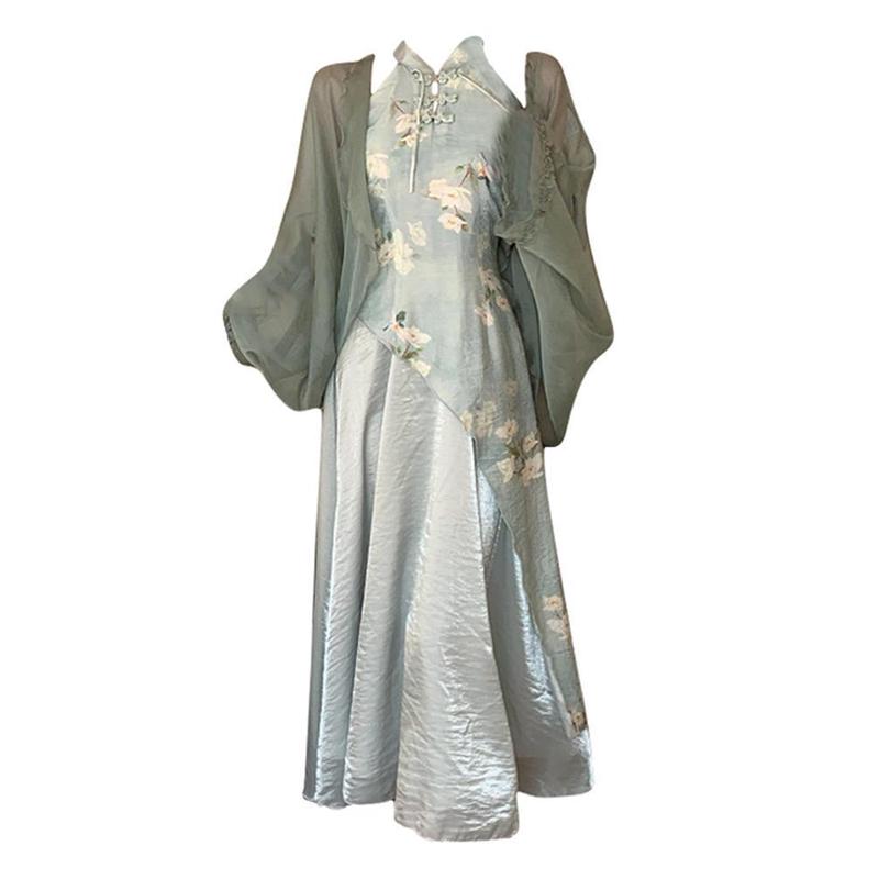 大码胖妹妹新中式国风挂脖改良旗袍连衣J裙高P级感长裙开衫两件套