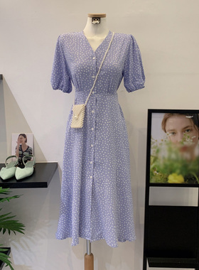 2021夏新款气质法式中长v领设计感小众连衣裙收腰显瘦波点紫色裙