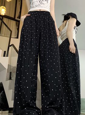 黑色波点裤子女大码胖mm夏季薄款白点长裤垂感显瘦休闲阔腿凉凉裤