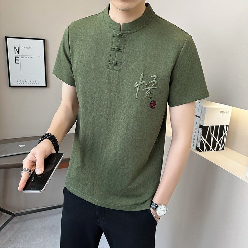 新中式国风男装亚麻t恤男夏季立领刺绣唐装体恤中袖上衣麻料短袖