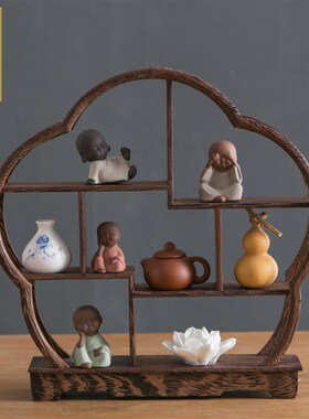 博古架摆件实木新中式小型茶桌客C厅玄关装饰办公室电视柜圆形书