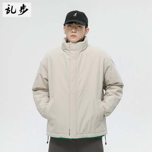 国潮牌开衫男装纯色潮男外套2023冬季新款加厚保暖立领宽松棉服男