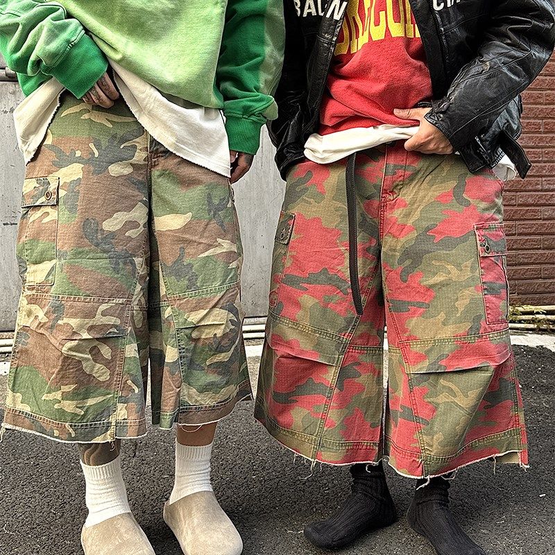 白鹤大大美式复古迷彩工装七分裤hiphop高街宽松多口袋直筒休闲裤