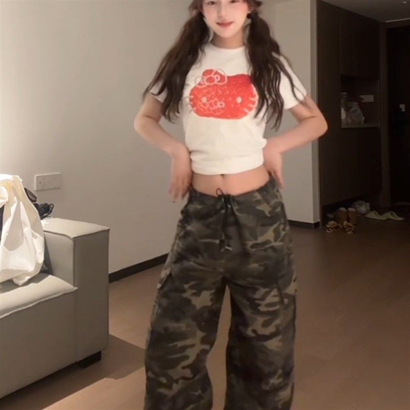 大码胖mm美式高街迷彩工装牛仔裤女春夏设计感抽绳宽松直筒阔腿裤