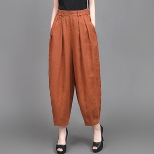 女松紧腰宽松文艺复古老爹裤 九分裤 大码 薄款 子 显瘦夏季 亚麻灯笼裤