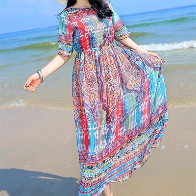 波西米亚胖mm大码沙滩裙中长款海边度假显瘦长裙中袖连衣裙夏宽松