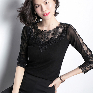 长袖 女百搭蕾丝网纱女士T恤春秋新款 黑色洋气上衣 打底衫 2021春季