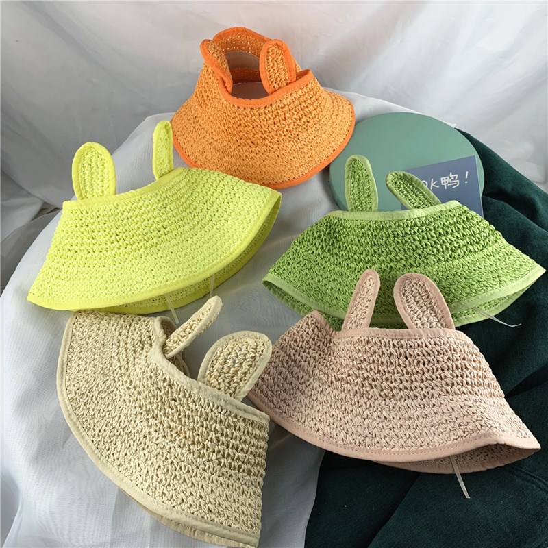 儿童防晒帽子男女童耳朵草帽大帽檐宝宝遮阳帽空顶透气夏天手工帽
