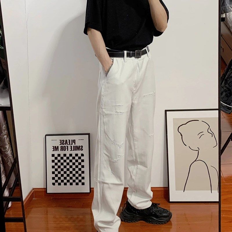 白色破洞牛仔裤男夏季春秋潮百搭新款高腰显瘦宽松直筒阔腿长裤子