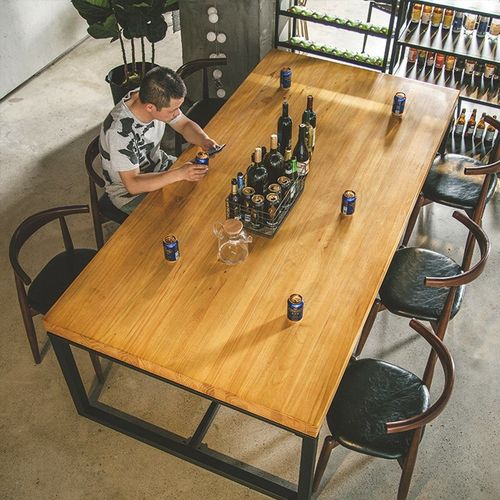复古实木酒吧烧烤吧音乐餐厅工业风餐桌长方形铁艺咖啡厅桌椅组合