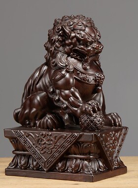 黑檀木雕刻狮子一对实木质狮宫门狮送礼品家居客厅办公室装饰摆设