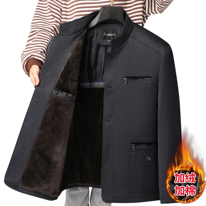 爸爸秋冬装外套男中年休闲翻领夹克衫上衣冬季中老年加绒宽松衣服