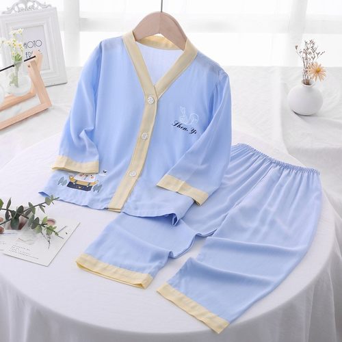 夏季儿童绵绸睡衣女孩男童空调服薄款长袖棉绸宝宝套装空调家居服