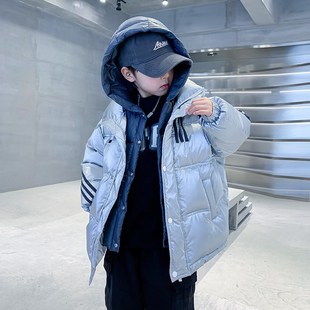 男童冬季红色假两件亮面免洗羽绒服2024新款儿童冬装加厚防风外套